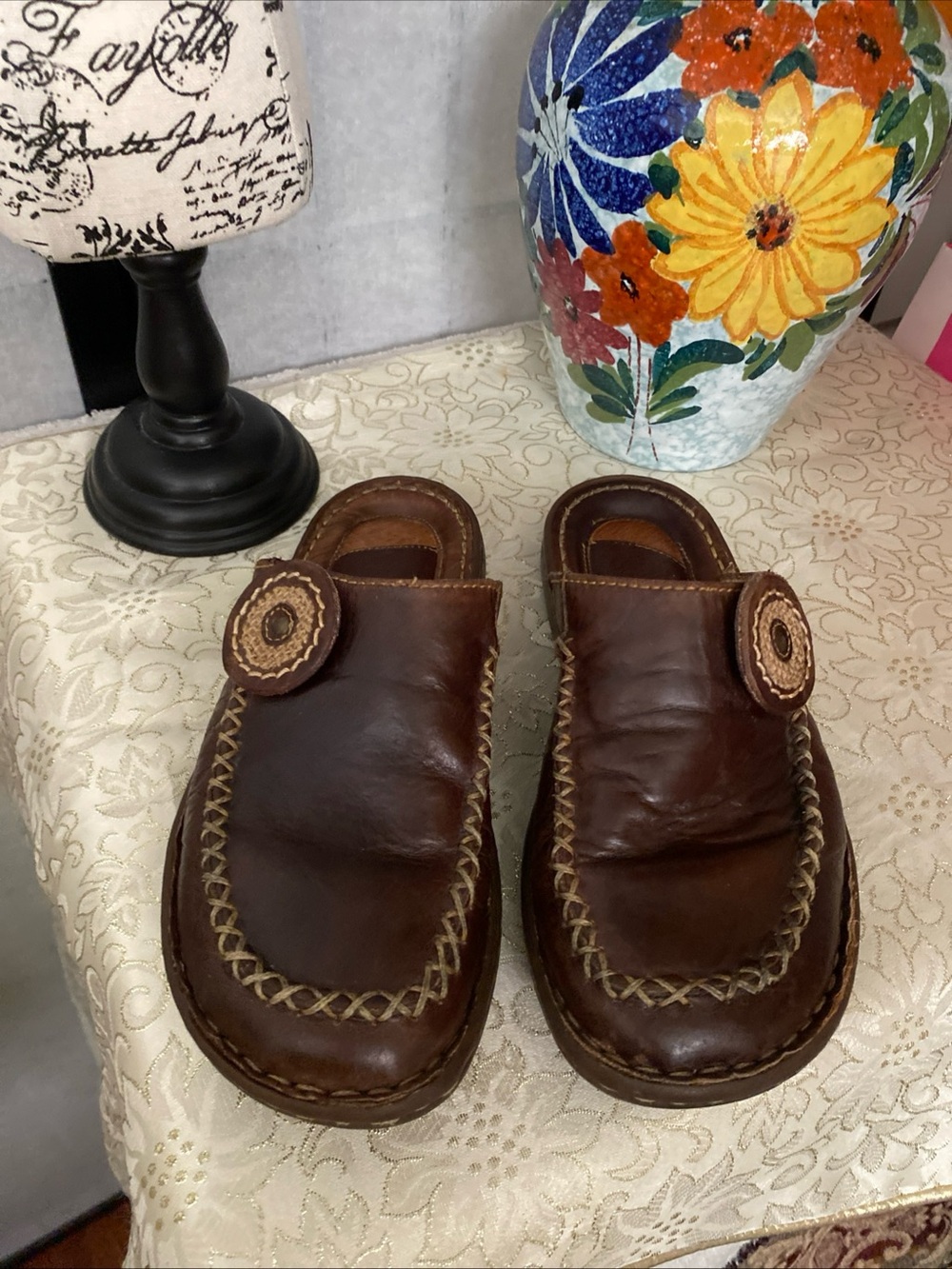 Born VTG 90s Wom 6/36 Hand Stitched Leather Mini Platformed Flats Slides Mexico - Picture 5 of 15